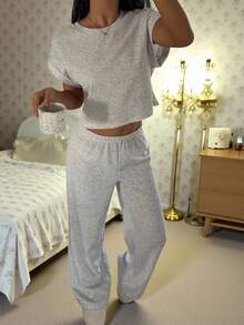 SHEIN EZwear Bộ đồ mặc nhà dệt kim màu xám dành cho nữ, áo và quần đơn giản thời trang thường ngày - Xám - Xem 3