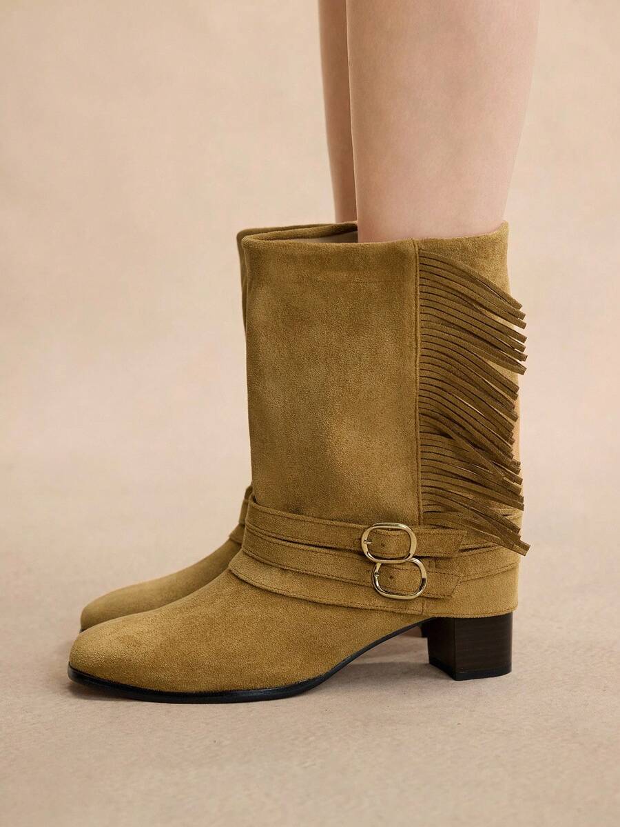 Rosivie Cuccoo Women's Fashionable & Comfortable High Heel Square Toe Velvet Ankle Boots, Autumn - Camel - View 1