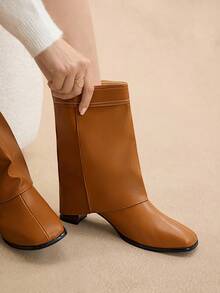 Rosivie Cuccoo 女士时尚舒适高跟方头天鹅绒踝靴，秋季 - 棕色 - 查看 9