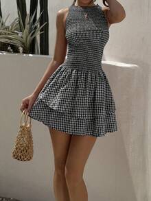 SHEIN Unity 蓝色格子无袖紧身迷你连衣裙，甜美法式度假风，春夏季 - 彩色 - 查看 6