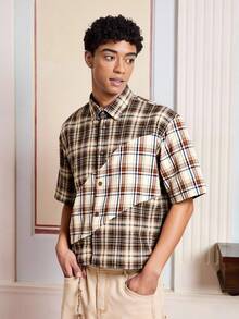 SWAVVY Men's Woven Casual Plaid Short Sleeve Shirt, Suitable For Summer - Khaki - View 1