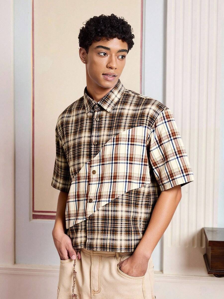 SWAVVY Men's Woven Casual Plaid Short Sleeve Shirt, Suitable For Summer - Khaki - View 1