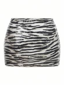Y2Kool Minifalda de mujer con estampado animal, lentejuelas y color metálico, adecuada para fiestas de Halloween y vacaciones. Falda de lentejuelas con estampado de cebra, idea de combinación casual. Falda con estampado animal para mujer, falda gráfica, falda blanca y negra, falda de cebra para mujer, colección de ropa de estilo, nuevos atuendos de Año Nuevo