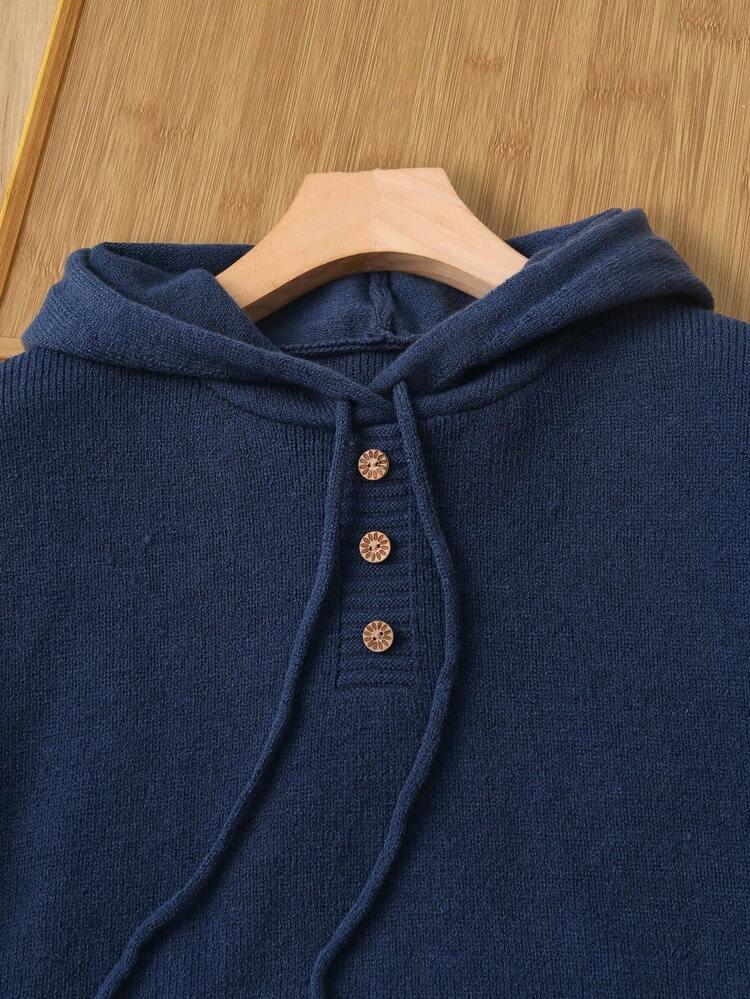 Women's Solid Color Drop Shoulder Long Sleeve Hooded Drawstring Casual Sweater Hooded Top Hoodie Dress Navy Women Blue Hoodie Blue Sweater Navy Blue Sweater Fall Clothes For Women