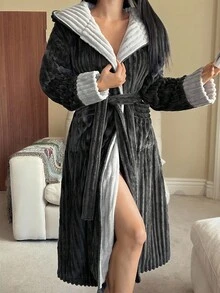 DAZY Women's Striped Textured Fleece Color Block Hooded Long Robe, Winter Loungewear, Fall Winter Fluffy Pajama, Cozy Outfit - Dark Grey - View 6