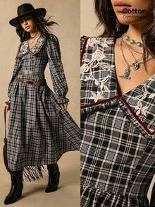 Easelle Women's Black And White Checkered Floral Embroidery Peter Pan Collar Puff Sleeve Long Skirt,Retro Casual Loose Autumn Boho Vacation Fall Clothes - Black and White - View 2