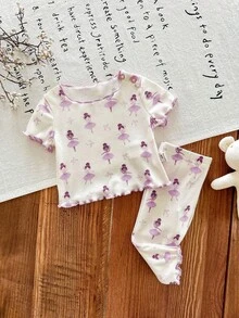 SHEIN LMoss Kids 儿童新生女婴可爱卡通图案荷叶边圆领短袖针织柔软睡衣套装 2 件 - 淡紫色 - 查看 4
