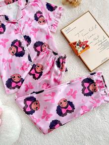 SHEIN 女童仿丝花卉印花荷叶边袖上衣和长裤睡衣套装 - 紫色 - 查看 4