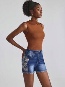 Slaydiva Casual Versatile Embroidered Distressed Denim Shorts For Women - Blue - View 6