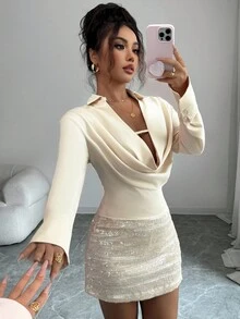 Selianne Women's Elegant Sexy Small Lapel Plunging Neckline Long Sleeve Top - Champagne - View 4