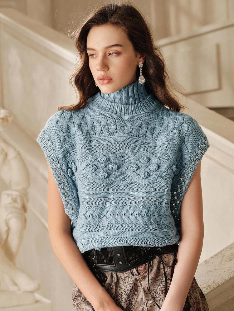 Classic Solid Color Rhinestone Embellished Turtleneck Knit Sweater Vest, Suitable For Fall, Autumn, Winter, Elegant, Chic, New Year, Casual, Christmas, Luxury