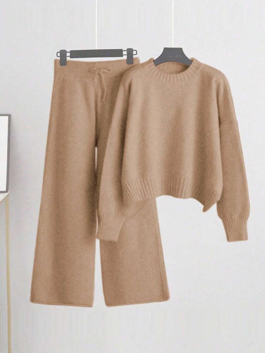 Franclia 2pcs/Set Setelan Sweater dan Celana Rajut Polos Kasual, Musim Gugur/Musim Dingin - Unta - View 1
