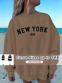 SHEIN CURVE+ 秋冬大码休闲宽松纽约图案圆领长袖女式运动衫 - 棕色 - 查看 9