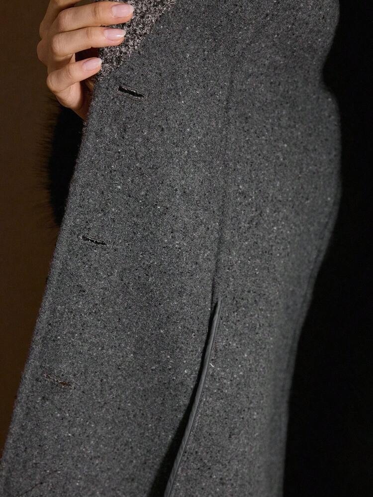 WOOL BLEND COLOR BLOCK CONTRAST FUZZY PANEL BELTED LONG OVERCOAT, AUTUMN/WINTER