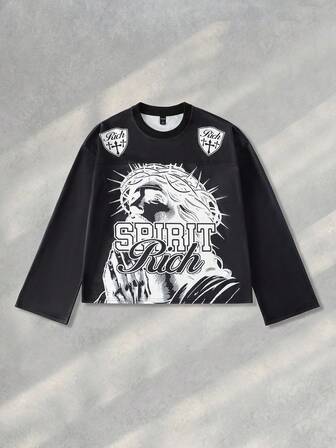 Goth Men's Jesus Print Long Sleeve T-Shirt, Loose Cropped Style, For Fall