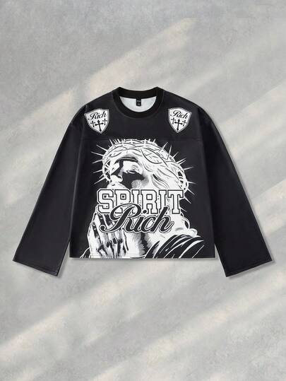 Goth Men's Jesus Print Long Sleeve T-Shirt, Loose Cropped Style, For Fall
