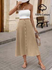 SHEIN VCAY Women's Solid Color High Waist Single-Breasted Elegant A-Line Midi Skirt
