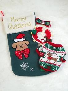 PETSIN 4件套宠物圣诞礼物包，猫狗通用服装，可爱秋冬鹿图案毛衣，附赠项圈配件套装，包含带收纳功能的绿色礼品袋