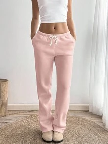 Flirla Petite Grey Low-Waist Drawstring Tie Slant Pocket Straight Leg Wide Leg Sweatpants, Fashionable Minimalist Casual Daily Versatile, Suitable For Petite Women, Spring/Autumn - Pink - View 5