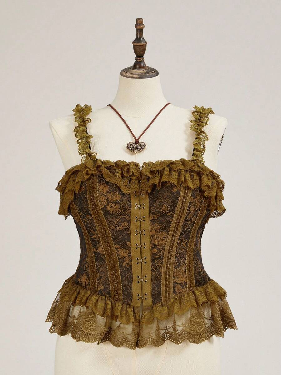 ROMWE EDITION Vintage Medieval Court Style Lace Trim Fitted Plus Size Camisole