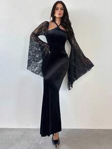 Firerie Elegantes, anspruchsvolles und würdevolles Gothic-Samt-Spitzen-Bodycon-Abendkleid mit hohem Schlitz, Neckholder-Ausschnitt, lange schwarze Kleider, Gothic-Kostüme für Halloween-Partys, elegante Abendkleider für Feiern - Schwarz - Übersicht 10