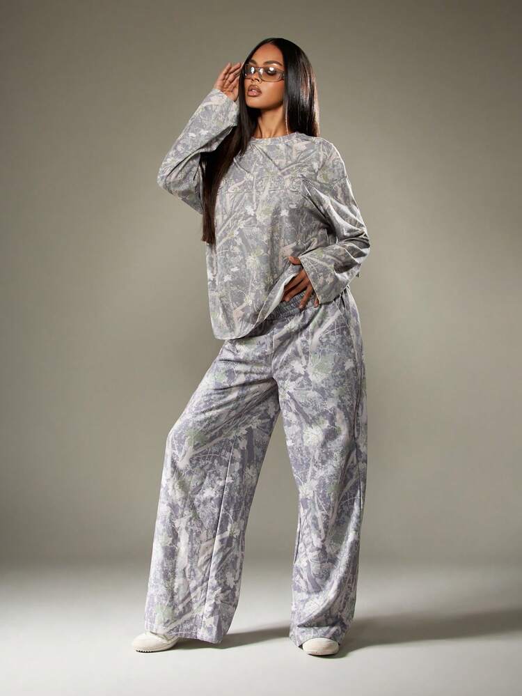 Missguided x Playboy Camouflage Wide Leg Joggers With Rhinestone Detailing For Casual Streetwear