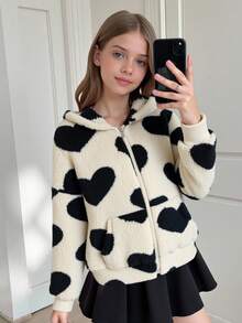 SHEIN Serisse Kids Kurtka z polaru dla dziewczynek w kształcie serca, z kapturem i zamkiem błyskawicznym, idealna na jesień/zimę, idealna na zewnątrz i do szkoły