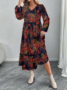 SHEIN LUNE Vestido de cubrir con cuello de corbata, volantes en el bajo y estampado de patchwork para mujer - Multicolor - Ver 3