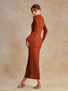 House of One High Neck Ruched Solid Knit Long Dress With Metal Buckle Women Autumn Elegant Casual Dress