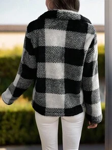 EMERY ROSE Elegant & Chic Reversible Plaid Fleece Zip-Up Jacket For Women, Autumn/Winter