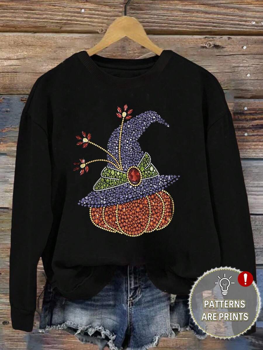 INAWLY Topi Penyihir Halloween dengan Hiasan Berlian Imitasi dan Motif , Kaos Sweatshirt Wanita Leher Bulat dengan Grafis - Hitam - View 1