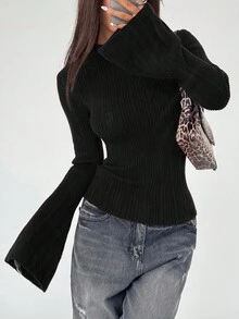 Flirla Women's Fashionable Flare Sleeve Solid Color Round Neck Fitted Sweater, Autumn