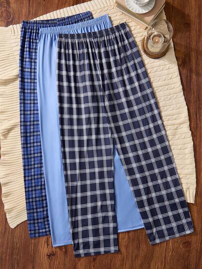 SHEIN EverLounge 3pcs Men's Casual Plaid Pajama Pants Set, Comfortable Loungewear Bottoms, Fall Clothes