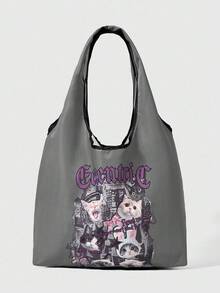 ROMWE Anime Cat Print Fashion Portable Large Capacity Women Tote Bag - Grey - View 1