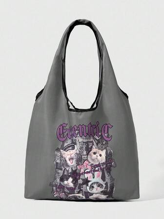 Anime Bolso de mano grande con estampado de gato de moda y gran capacidad para mujer