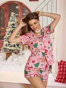 SHEIN Cardigan com gola babada e estampa de elementos natalinos, conjunto de pijama feminino, pijama rosa de Natal, conjuntos curtos de pijama de Natal para mulheres, pijamas de Natal para mulheres, conjuntos de pijama de Natal para mulheres, pijamas de gengibre - Rosa - Ver 7
