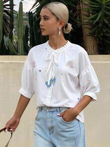 DAZY Autumn/Winter New Loose Casual All-Over Print Women Shirt Vacation - White - View 1