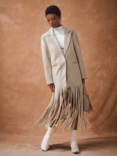 Zivah 2025年秋冬新款，日常约会，通勤，商务，淑女优雅，邮轮派对，简约时尚，生日派对，高级派对，翻领，绿色水果领，落肩，长袖，宽松款式，流苏下摆，长款大衣，白色碎花，灰色粗花呢大衣，女士常规大衣-A