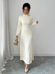 Elenzga 女士纯色高领独特设计合身腰部优雅休闲长袖超长针织毛衣裙，适合秋冬季 - 杏色 - 查看 2