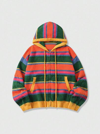 Street Life Men's Striped Hooded Zip-Up Cardigan, Autumn