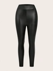 EMERY ROSE Women's Casual Sports Knit PU Leggings, Long Pants Spring,Summer - Black - View 2