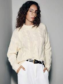 Lumivelle Women's Elegant Crew Neck Cable Knit Long Sleeve Sweater, Autumn/Winter - Apricot - View 1