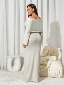 Auralis Plus Size Women's Autumn And Winter Fashion, Elegant And Comfortable Daily Apricot One-Shoulder Off-Shoulder Slim Long Sweater Dress,Fall Clothes,Chic Dress - Apricot - View 2