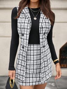 EMERY ROSE Ladies Front Button Sleeveless Blouse And Skirt Casual 2 Pieces Set - Black and White - View 1