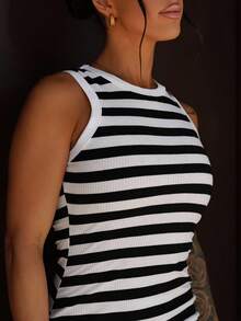 SAYEHFBABY Vestido ajustado a rayas sin mangas y mini - Blanco y Negro - Ver 3