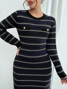 DAZY 女士优雅通勤条纹纽扣装饰毛衣裙，秋冬 - 黑色 - 查看 7