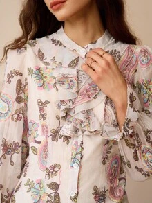 Omancia 2025 秋季新品法式优雅精致天丝彩色刺绣荷叶边领长袖衬衫和飘逸中裙套装，适合通勤、度假、约会、郊游、节日、花园、家庭聚会、劳动节、节日、独立日、返校、教师装、万圣节、感恩节 - 粉色 - 查看 6