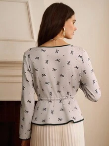 女士优雅浪漫蝴蝶结和波尔卡圆点印花撞色饰边系腰衬衫，适合花园茶会、约会、感恩节、返校、教师节、秋季 - 彩色 - 查看 2