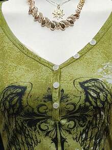 Sunspun Camiseta de manga corta con cuello medio abierto, estampado digital de alas abstractas para mujer de talla grande