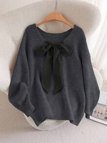 SHEIN CURVE+ 加大码圆领蝴蝶结针织套头毛衣，圣诞节